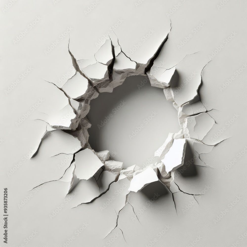 , schlagloch; Cracked White Wall Hole – Realistic 3D Destruction Mockup